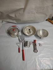 Children's Aluminum Cookware Pots Baking Pans Utensils red handles,Vintage,9 PC.