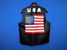 USA American Flag Black Leather Biker Vest Size 46 Snap Front Pockets Motorcycle