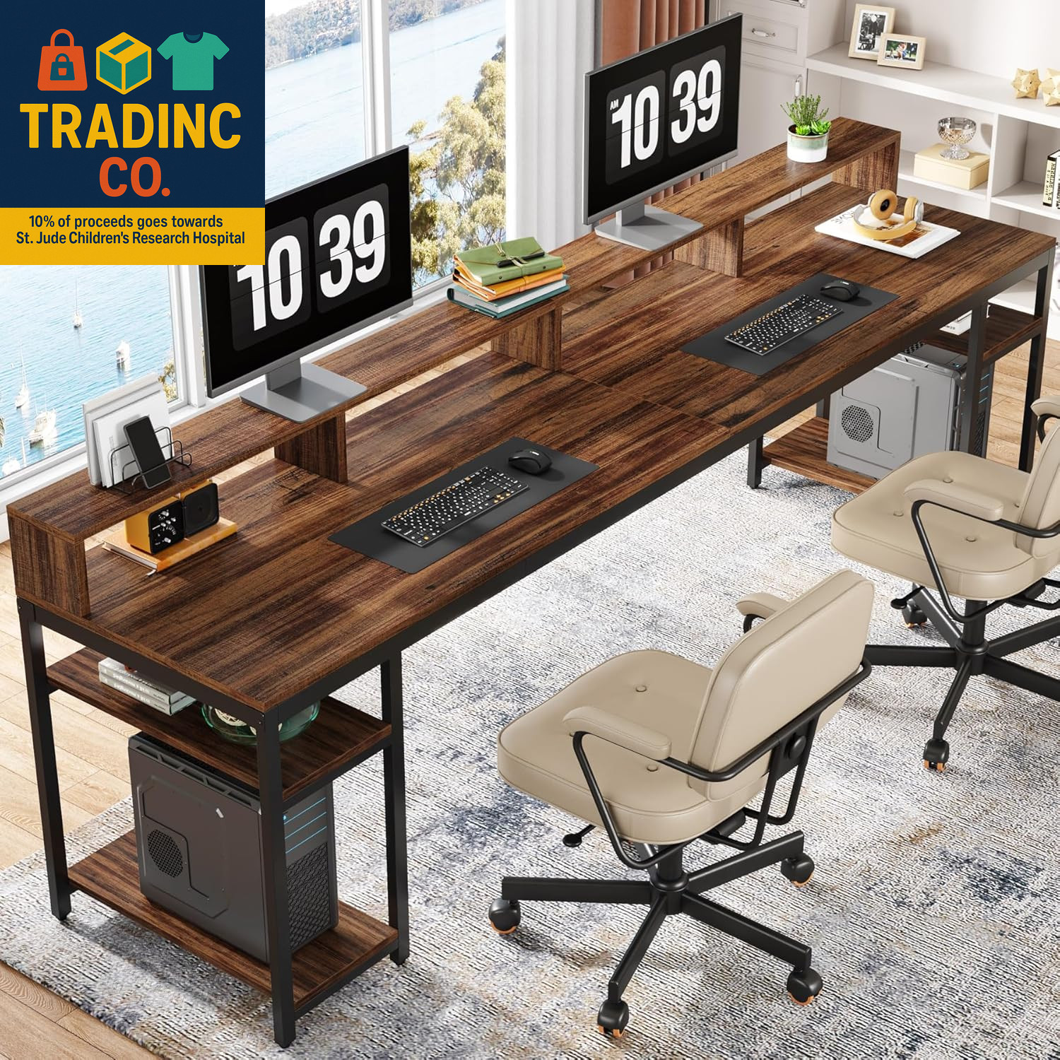 Two Person Desk with Monitor Stand, 78.74" Long Double Computer Office Desk with