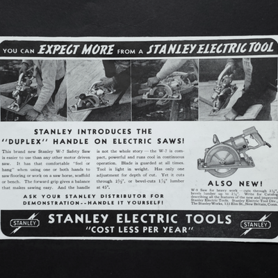 #ad Stanley Electric Tools W7 Safety Saw W9 Circular Saw Duplex Handle 1938 Print Ad $9.99