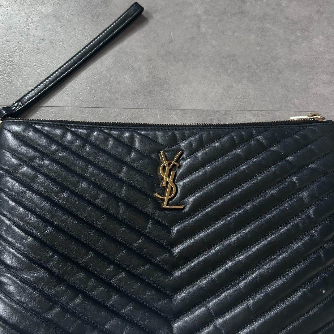Vintage YSL Clutch Bag Logo Black★ Yves Saint Laurent Vintage Black YSL Logo Saffiano Leather