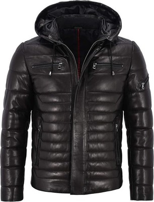 Men's Genuine Lambskin Leather Puffer Jacket Black Hooded Quilted Winter Coat