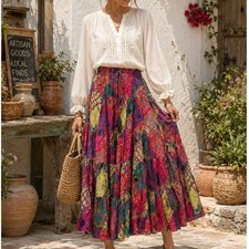 Vintage Boho Festival Maxi Skirt L/XL Patchwork Paisley Sequins NWT Feminine Y2k