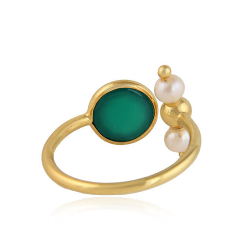 18k gold plated 925 silver adjustable pearl and green onyx ball loop rings - Picture 2 of 5