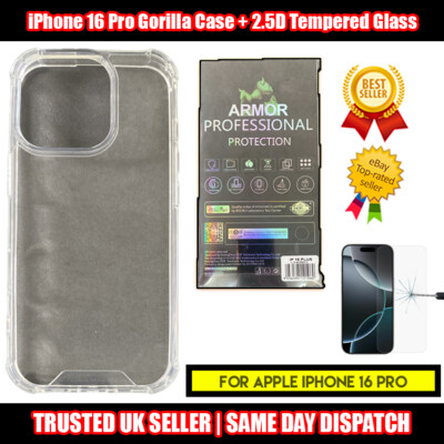 Anti Shock Gorilla Schutzhülle für iPhone 16 Pro + 2.5D Hartglas