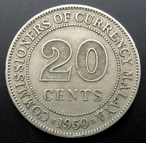 1950 Malesia (Malesia): 20 centesimi, Giorgio VI, rame-nichel, 5,65 g, KM#9 - Foto 2 di 2