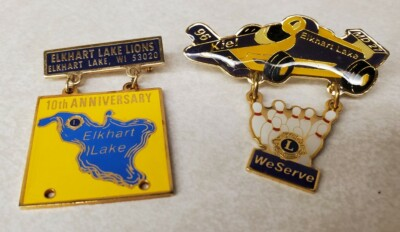#ad #ad Elkhart Lake Wisconsin Lions Club Vintage Pins Lot of Two: Racecar Bowling Lake $19.80