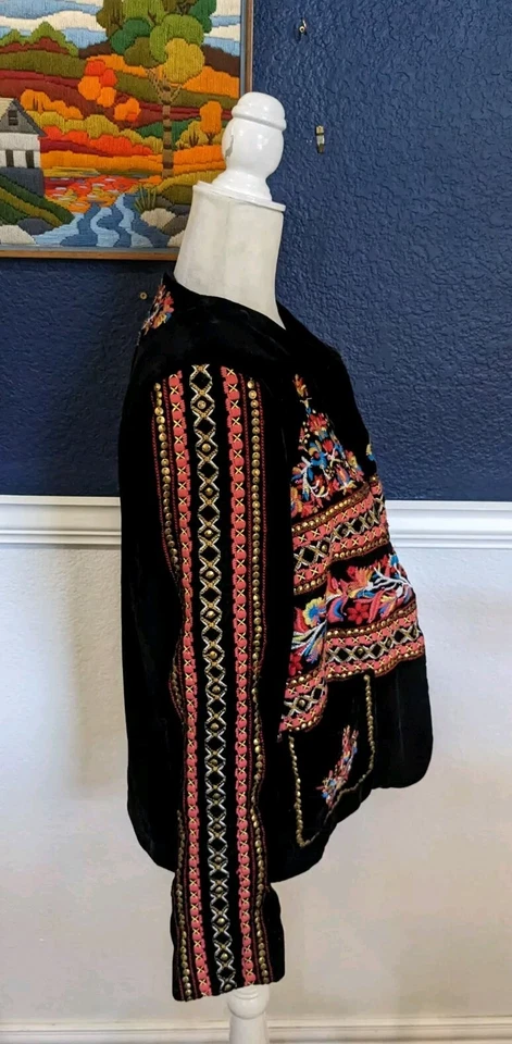 Blazer Zara Negro Terciopelo Boho Palermo Bordado Abierto Blazer Chaqueta Talla Mediana M Foto 3 de 4