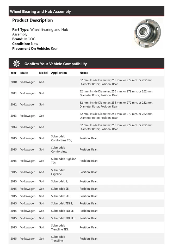For 2010-2015 Volkswagen Golf Wheel Bearing and Hub Assembly Rear MOOG 2010 2011 - Image 2 of 4