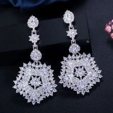 Silver Plated Cubic Zirconia Hexagon Flower Long Drop Earrings for Women Wedding