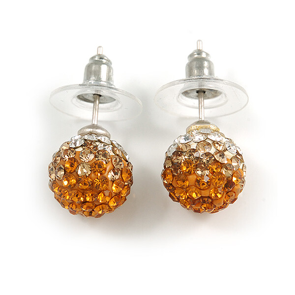 Orange Citrine Clear Crystal Ball Stud Earrings with Elegant Silver Plated Finish for Stylish Everyday Wear-image