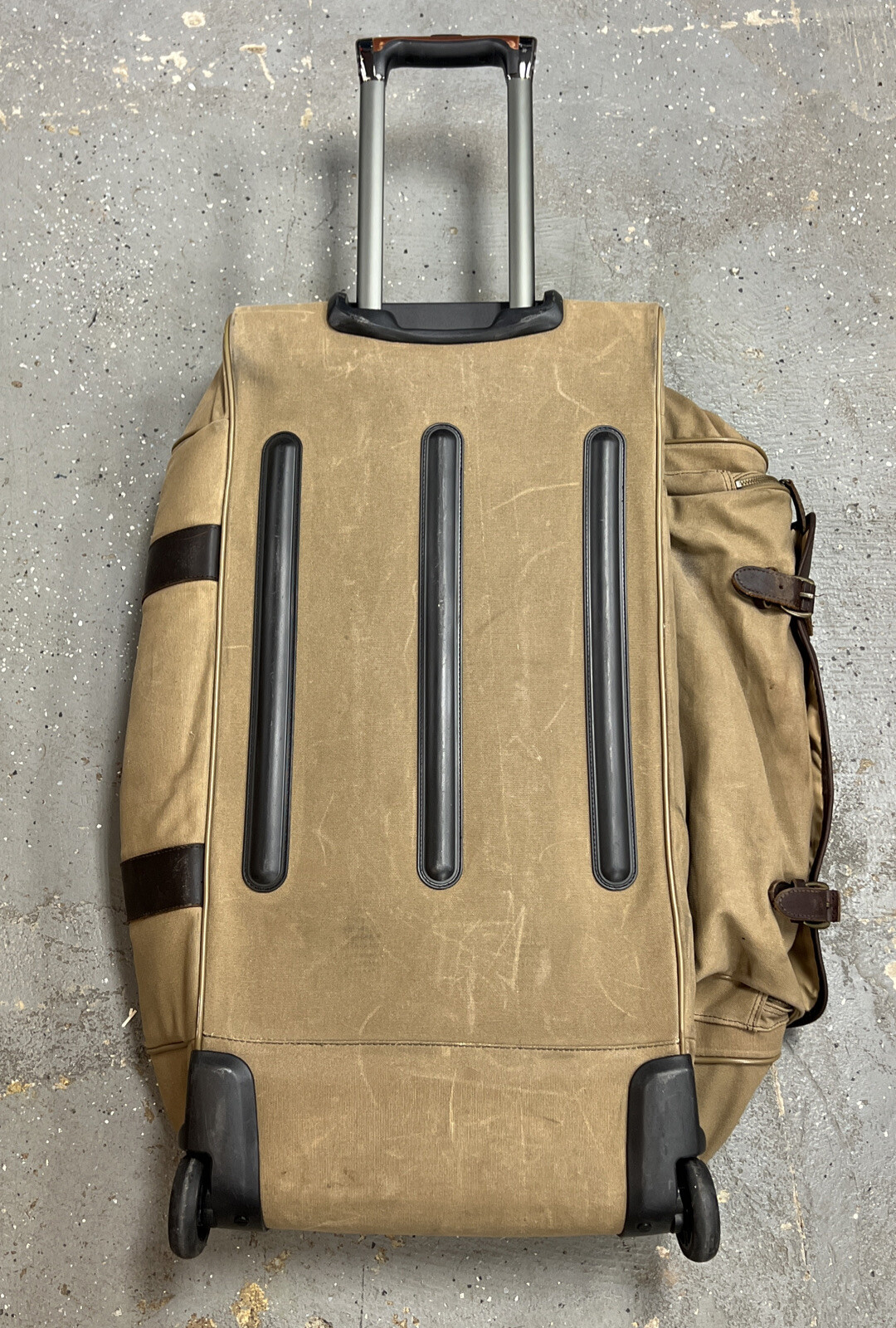 Bob Timberlake Wheeled Luggage Duffle Bag Tan canvas w/ Brown Leather