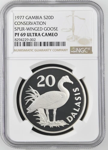 1977 GAMBIA SILVER 20 DALASIS SPUR WINGED GOSE NGC PF 69 ULTRA CAMEO BEAUTIFUL