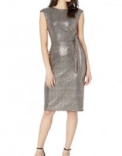 Tahari by ASL Petite Hammered Stretch Metallic Side Tie Dress 4 P Gold/