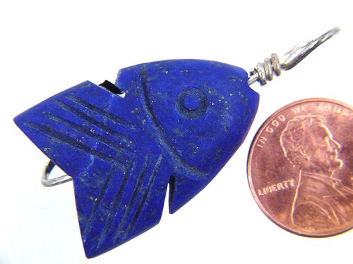 BUTW Ciondolo Pesce Scolpito Argento Sterling 10pz Filo Avvolto a Mano Lapislazzolino 3634P - Foto 2 di 21