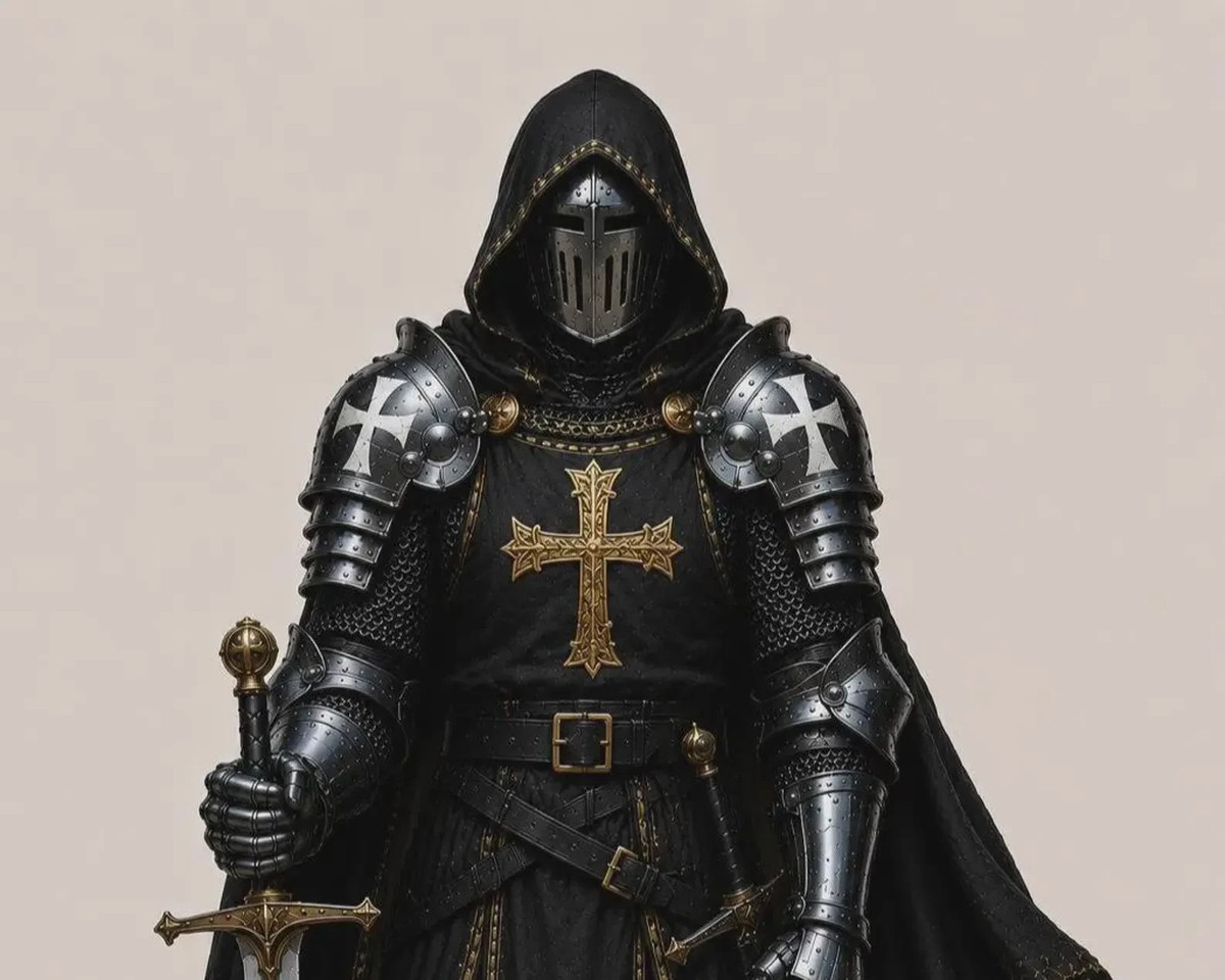 Medieval Black Knight Armor Set with Gold Cross, Crusader Costume