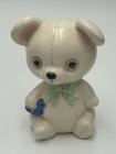 Vintage Ceramic Teddy Bear Still Piggy Bank w/ Blue Bird, Green Bow, Marked 1920 — photo 2