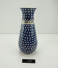 Original Bunzlauer Keramik Vase ca. 25 cm Pfauenauge Blau Handarbeit Polen