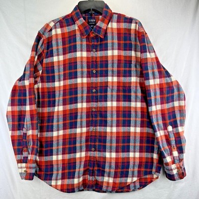 J Crew Flannel Shirt Men Large Red Blue Orange Plaid Check Button Re-Imagined LS