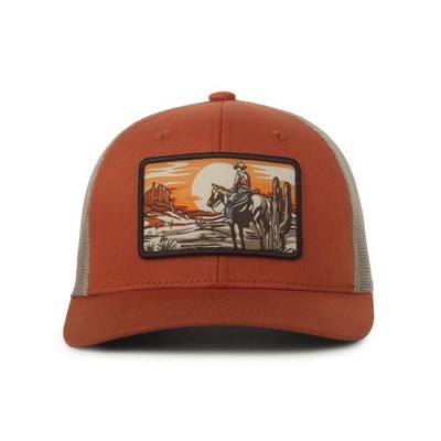 Outdoor Cap Orange Western Sunset Cowboy Trucker Hat Khaki Mesh Back