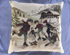 Vintage Winter Ice Skating Tapestry Pillow A. Terre Vecchio 18”X17” Down Throw￼