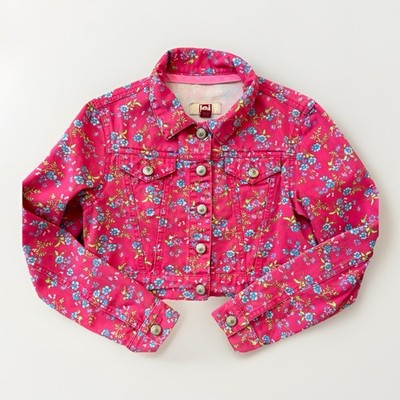 l.e.i. Bright Pink Floral Cropped Denim Jacket Girls Large 10/12