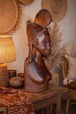 🗿 Buste féminin africain en bois sculpté – Coiffure monumentale & profil noble