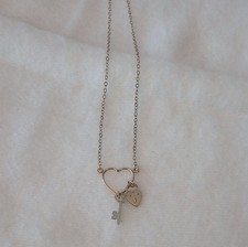 Gold Heart and Key Charm Pendant Necklace on Cable Chain, Love Key  Lock Theme
