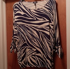 Chaps Ralph Lauren Women's Plus 2X Tunic Top Zebra Print Tied Sleeves Navy Beige