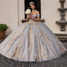 Grey Off Shoulder Quinceanera Dress with Lace Decal Beads and Sheer Ball Gown
