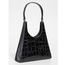 Staud Rey Croc Embossed Leather Shoulder Bag Black Zip Pocket