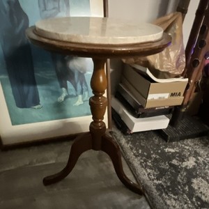 Antique Round Marble Top Wooden Pedestal Plant Stand Brown Beige Smooth Finish