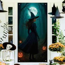 Halloween Decorations Forset Witch Pumpkin Bats Door Banner Cover Gift 73X36"
