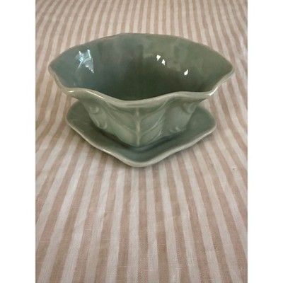 ANTIQUE Chinese Celadon Jardiniere Cabbage Leaf Porcelain Planter and Base