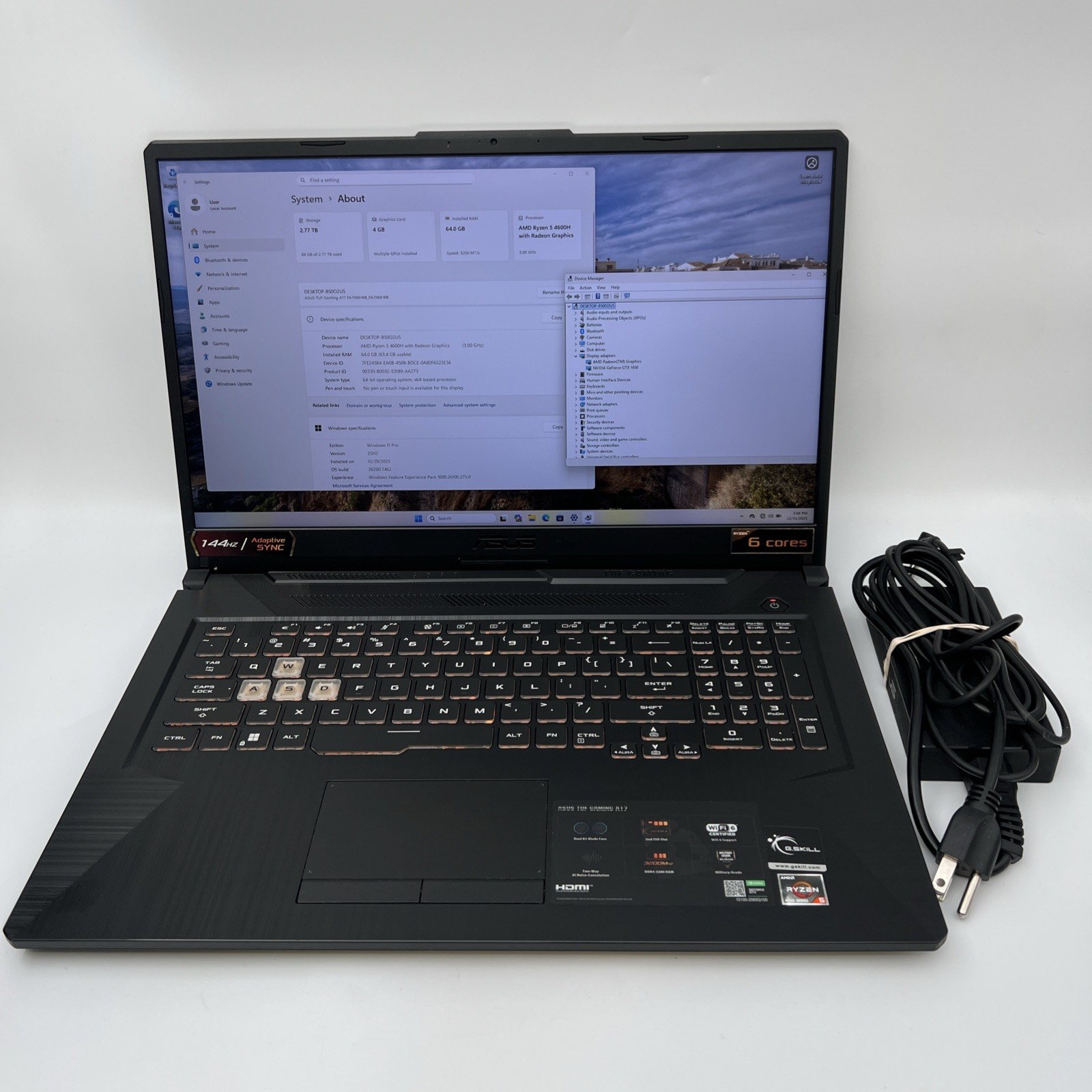 Asus TUF A17 144Hz FHD 3.0 GHz Ryzen 5 4600H 64GB RAM 2TB SSD GTX 1650 W11P USED