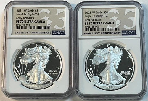 2021 W 1 oz American Silver Proof Eagles PF 70 UCAM Type 1 & 2