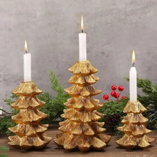 3 Pcs Christmas Gold Pine Tree Candle Holders Vintage Taper Decorative Candle...