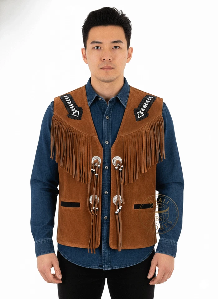 Unisex Western Suede Fringe Leather Vest Cowboy Cowgirl Handmade Beaded Jacket - Image 2 of 4