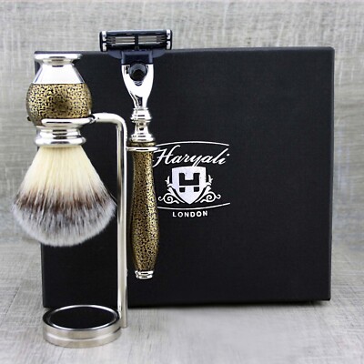 Haryali London Shaving Kit - 3 Pc Wooden Set With Double Edge Razor, Super Badger Brush & Stand - Sustainable Gift Set | Buy Now With Express International Delivery