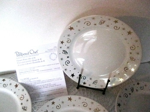 Pampered Chef Dessert Plates Holiday Celebration Stars Swirls #1996 Set of 4 NEW - Picture 2 of 5
