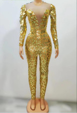 Flashing Full Mirrors Long Sleeves Transparent Jumpsuit Costume Dance Bodysuit