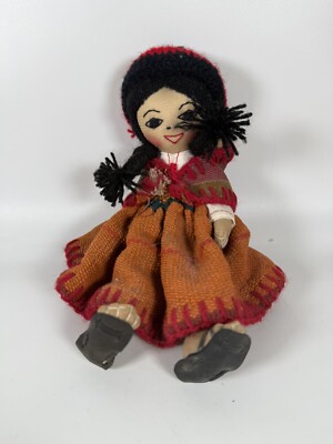 VTG Puruvian Cloth Doll Handmade Girl Sitting Woven Red Dress