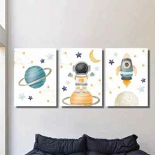 3pcs Cartoon illustration, rocket, planet Metal Print  Ready to Hang Art