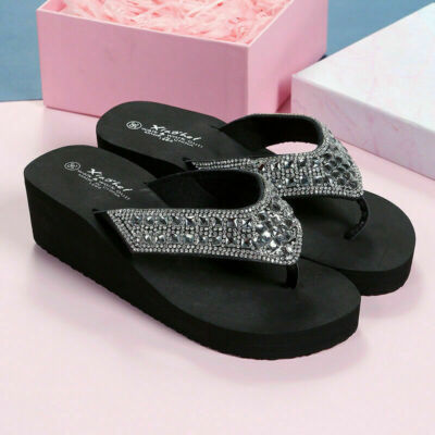 Rhinestone Platform Flip Flops Women Rhinestones Wedge Platform