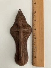Hand-carved wooden crucifix-primative in style-vintage- dark wood.