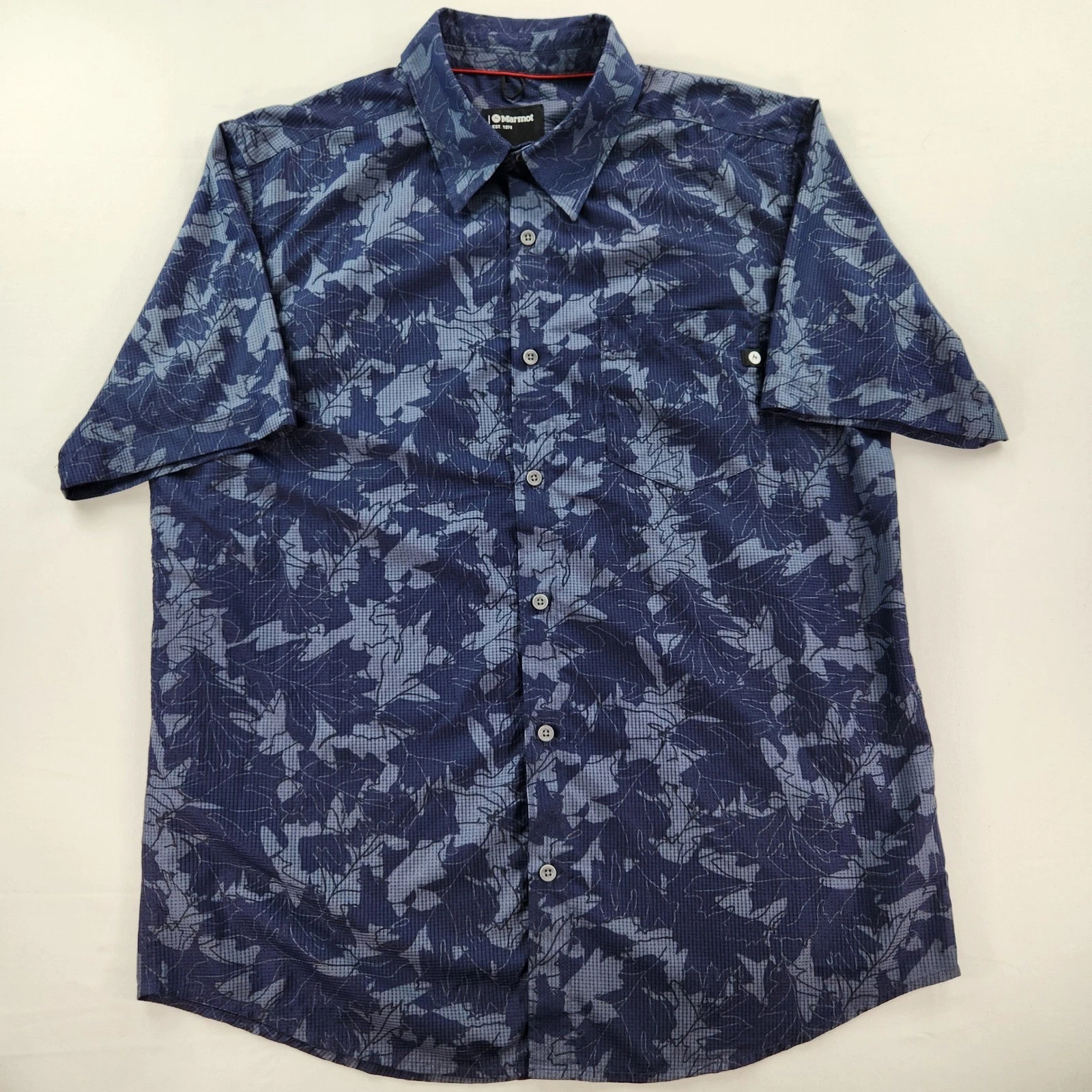 Marmot Large Technical Hiking Shirt Navy Leaf Print UPF Performance Button