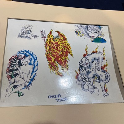 1994 Garland  tray  Benham III Tattoo Flash Art - Flaming Demons & Ladies 11x14 