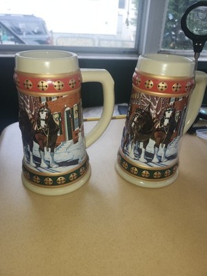 2 Beautiful Handcrafted Budweiser Holiday Collection Beer Steins