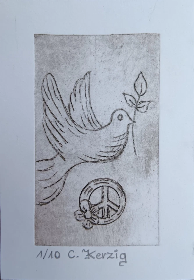 Friedenstaube mit Zweig und PEACE Symbol * KALTNADELRADIERUNG UNIKAT limitiert - Bild 1 von 1