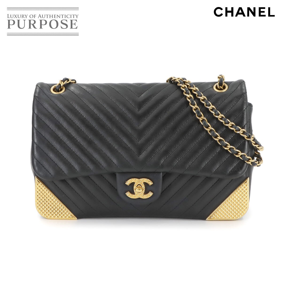 CHANEL Chevron V Stitch Leather Shoulder Bag with Gold Chain Hardware in Black